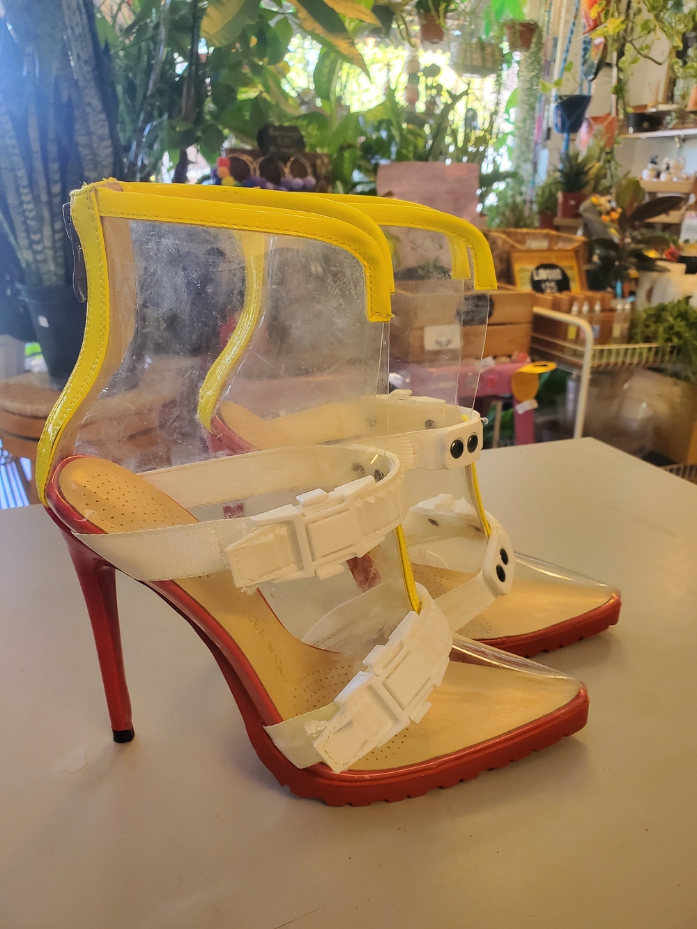 Azalea Wang Stiletto Heel Booties Clear PVC Yellow-Trim Red Sole W 7.5